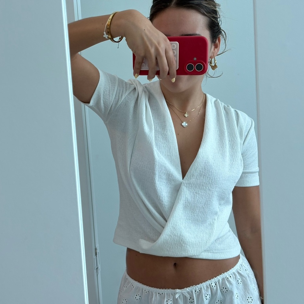 Zara White Short Sleeve Wrap Crop Blouse